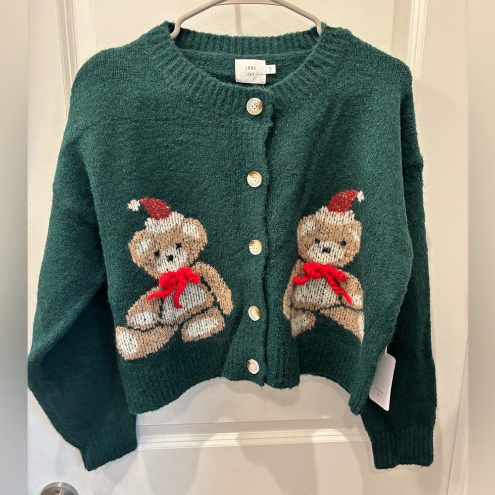 NWT Luna Ivy forest Green holiday Teddy Bear Cardigan - S